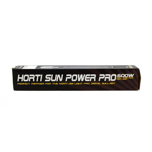 Emballage horizontal de l’ampoule HPS 600W Horti Sun Power Pro, compatible ballast numérique, pour culture indoor haute intensité lumineuse.