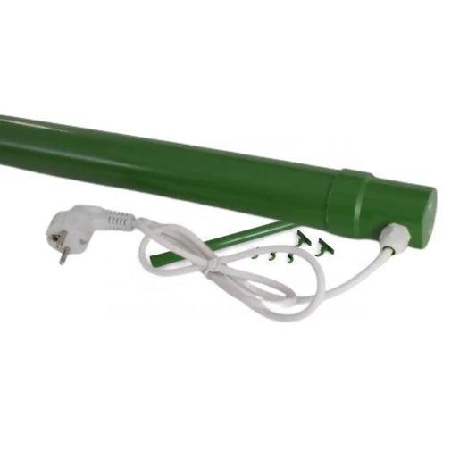Tube chauffant Solux 240W vert de 120cm avec câble électrique et accessoires de fixation, conçu pour maintenir la chaleur en serre.