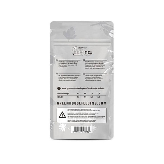 Dos du sachet Powder Feeding Hybrids 125gr avec instructions d'utilisation, tableau de dosage et lien vers le site Green House Feeding.
