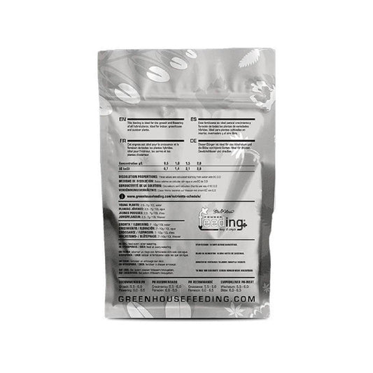 Dos du sachet Powder Feeding Hybrids 500g avec tableau de dosage et informations multilingues pour engrais indoor terre, coco, hydro et aéro.