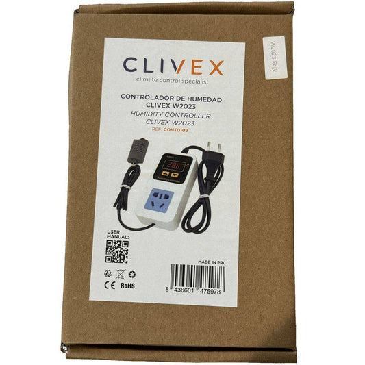 Emballage du contrôleur d'humidité Clivex W2023 avec sonde, affichage numérique et prise, parfait pour accessoires d'humidificateur domestique.