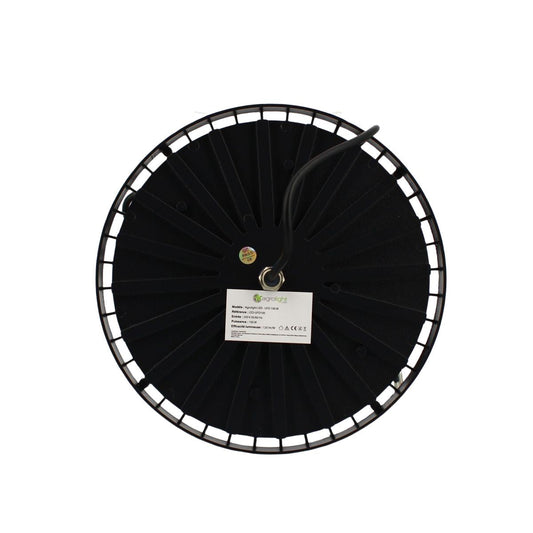 Vue arrière de la lampe AGROLIGHT LED UFO 100W montrant le système de dissipation thermique et l’étiquette technique pour culture intérieure.