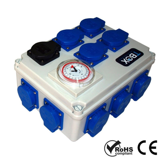 Boîtier Tempo Box TBOX 12H avec minuterie intégrée, 12 prises 600W et prise chauffage, conforme RoHS et CE pour éclairage horticole.