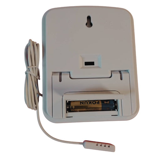 Vue arrière du Thermomètre Hygromètre Premium avec compartiment à pile ouvert et sonde de 1,5m, outil de mesure précis pour climat intérieur.