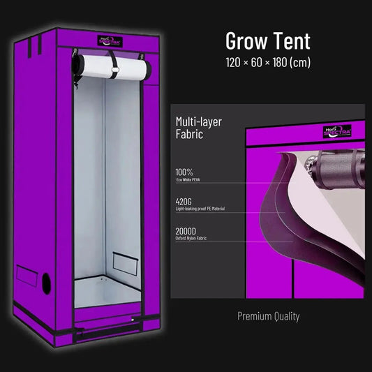 Tente de culture HortiSpectra 120x60x180cm avec tissu multicouche haute qualité, intérieur réfléchissant et structure robuste pour culture en intérieur.