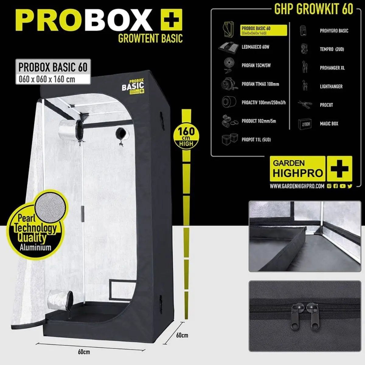 Tente de culture PROBOX BASIC 60x60x160cm du kit Garden HighPro Growkit 60, structure robuste avec revêtement réfléchissant.