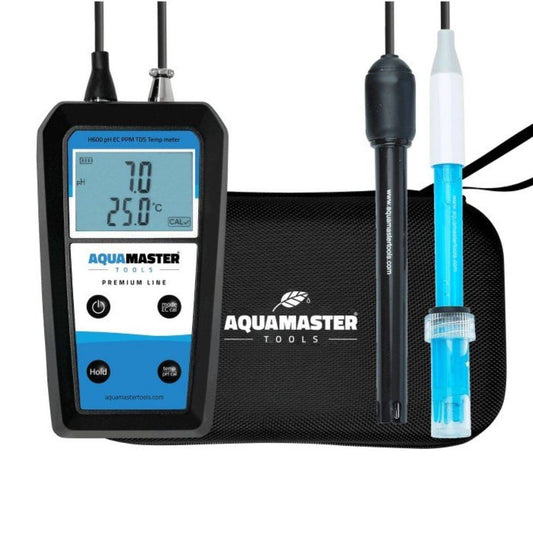 Testeur pH Aquamaster H600 Pro avec mallette de transport, affichage numérique et sondes incluses pour contrôle EC, PPM, TDS et température.