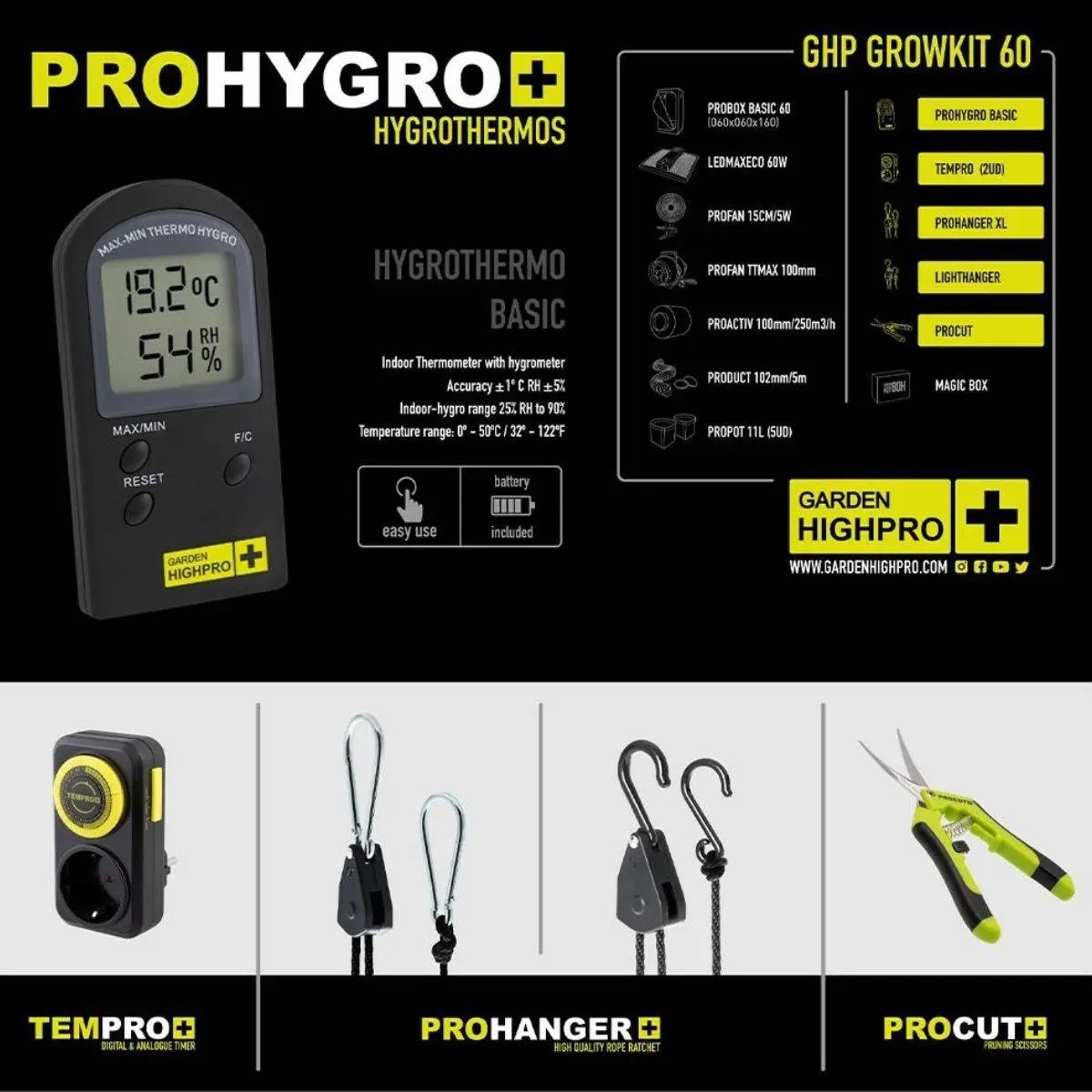 Thermomètre-hygromètre PROHYGRO+ du kit Garden HighPro Growkit 60, mesure précise de la température et de l'humidité.