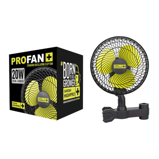 Ventilateur à pince Garden Highpro 20W avec emballage PRO FAN+, parfait pour chambres de culture et plantes d’intérieur.