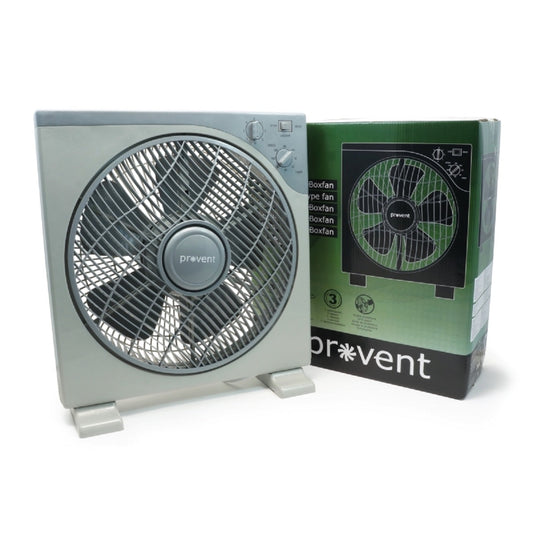 Ventilateur The Pure Factory Box Fan Pro-Vent 40W avec son emballage, modèle plat à grille rotative pour culture indoor.