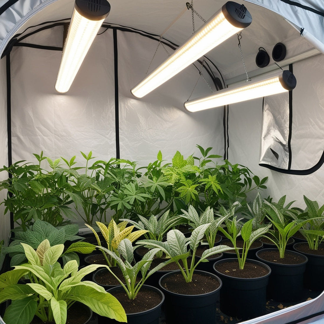 Lampes LED suspendues dans une tente de culture, éclairant des plantes en pleine croissance. Les LED fournissent un spectre lumineux optimal, assurant une croissance saine des plantes tout en maintenant une faible production de chaleur.
