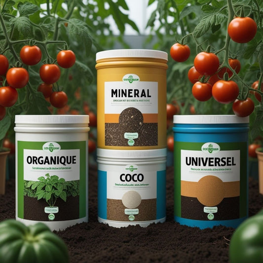 Quatre pots d'engrais étiquetés "Organique", "Minéral", "Coco" et "Universel" posés sur un sol riche en terre, entourés de plants de tomates mûres et saines dans une serre lumineuse.