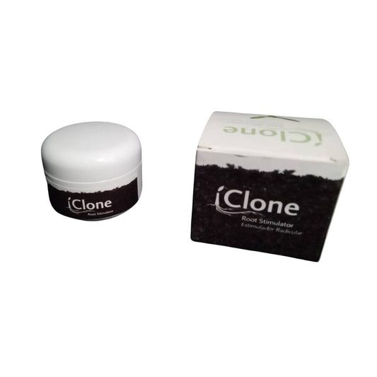 Hormone de bouturage aux algues Iclone gel 15ml en pot blanc avec emballage, idéale pour stimuler les racines des boutures en jardinage.