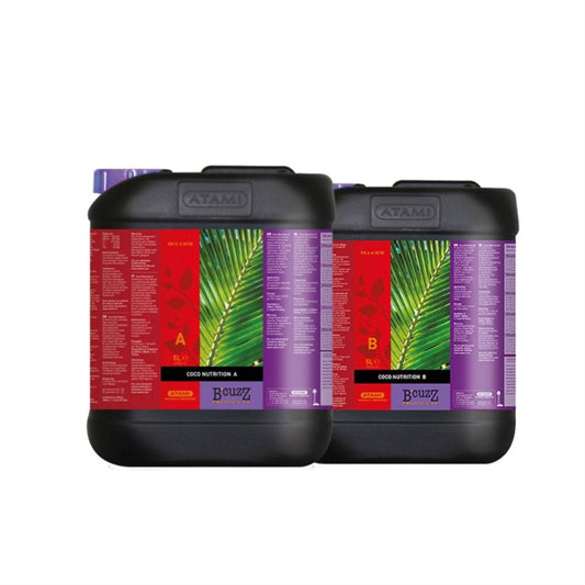 Engrais ATAMI COCO Nutrition A&B 5 litres en bidons noirs avec étiquettes colorées, idéal pour substrats de coco en jardinage domestique.