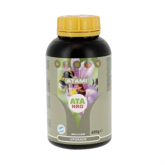 Flacon de 600g d'engrais ATAMI ATA NRG Upgrade avec bouchon jaune, idéal pour la croissance et floraison des plantes en jardinage domestique.