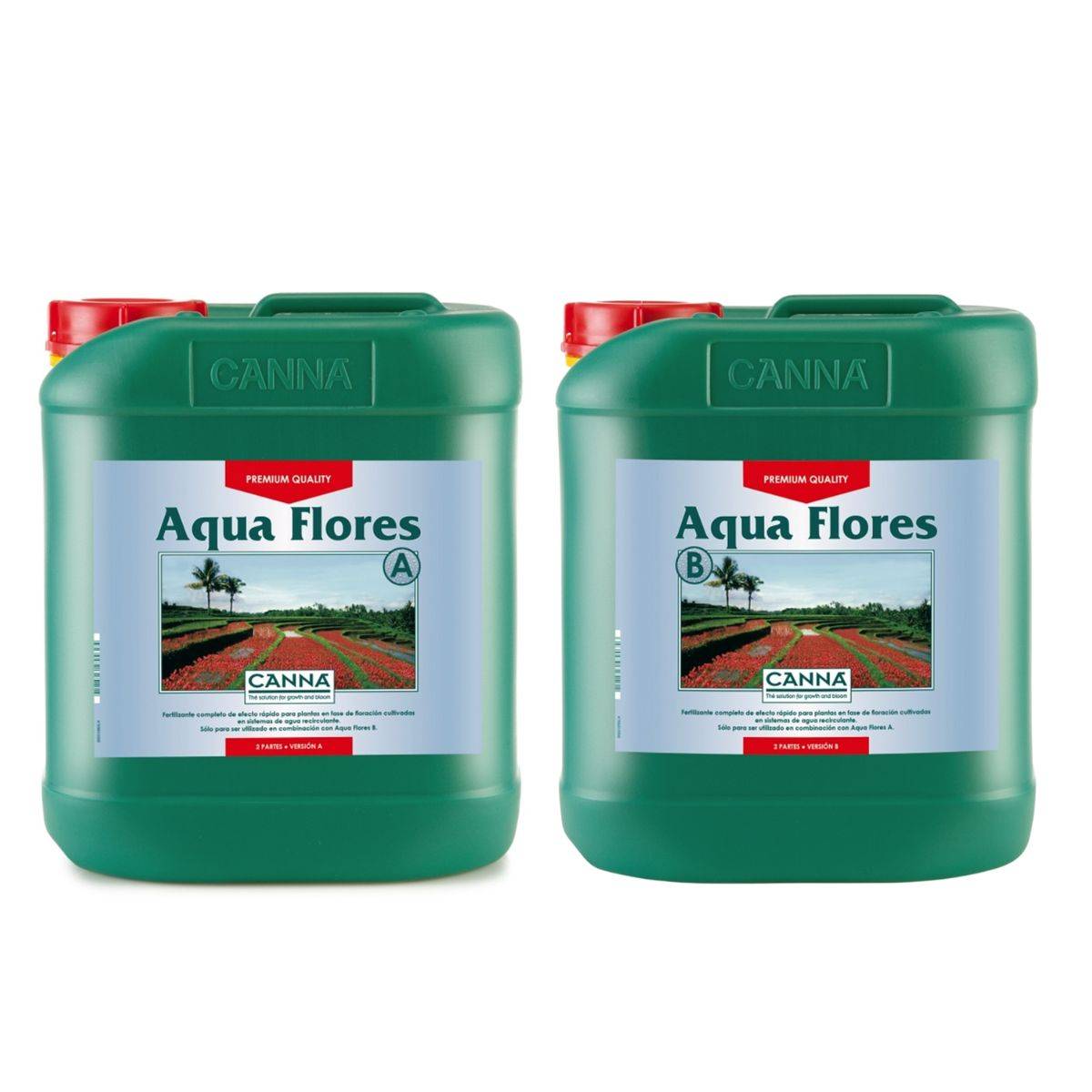 Deux bidons de 5 litres de CANNA Aqua Flores A et B, conçus pour stimuler la floraison des plantes dans des systèmes hydroponiques en recirculation.