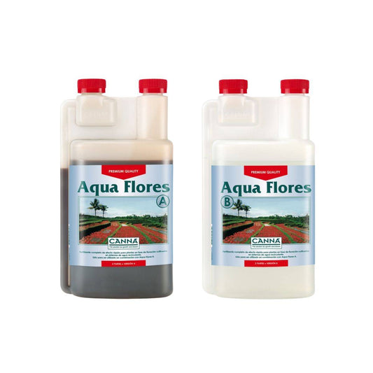 Deux bouteilles de 1 litre de CANNA Aqua Flores A et B, conçus pour stimuler la floraison des plantes dans des systèmes hydroponiques en recirculation.