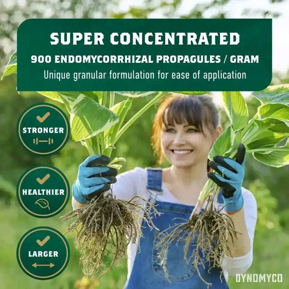 Femme tenant des plantes aux racines développées grâce à DYNOMYCO Mycorhizes 200 g. Formule concentrée à 900 propagules par gramme.