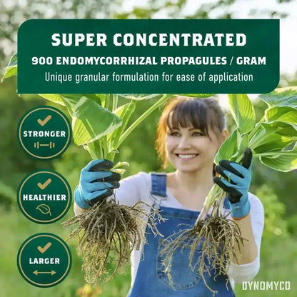 Femme tenant des plantes aux racines développées grâce à DYNOMYCO Mycorhizes 200 g. Formule concentrée à 900 propagules par gramme.