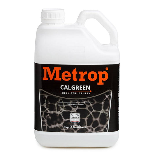 Bidon de 5 litres d'engrais Metrop Calgreen pour croissance et floraison, idéal pour culture indoor et hydroponique avec apport en calcium.