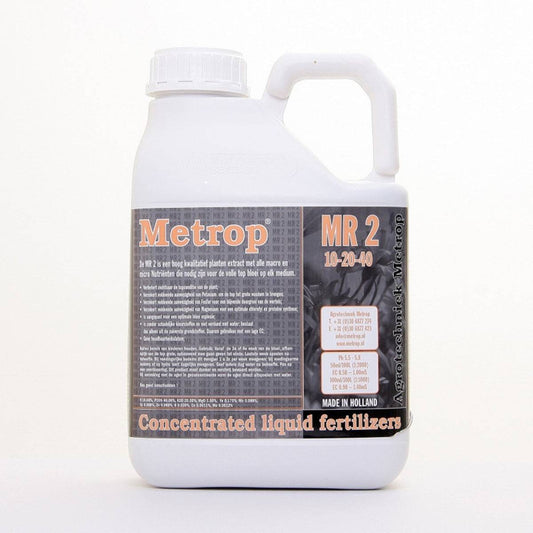Engrais de floraison Metrop MR2 5L concentré, riche en nutriments NPK 10-20-40 pour culture indoor performante. Disponible chez SauceGrowing.