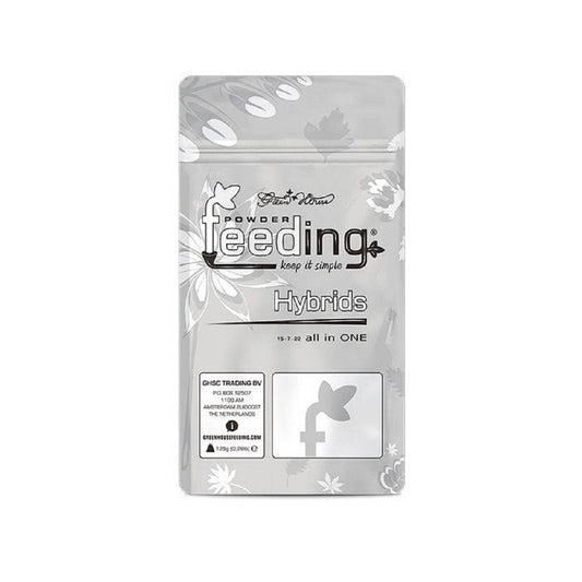 Engrais en poudre Green House Powder Feeding Hybrids 125gr pour plantes hybrides, sachet refermable design floral, formule tout-en-un 15-7-22.