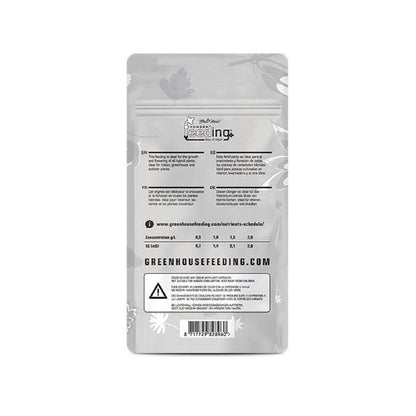 Dos du sachet Powder Feeding Hybrids 125gr avec instructions d'utilisation, tableau de dosage et lien vers le site Green House Feeding.