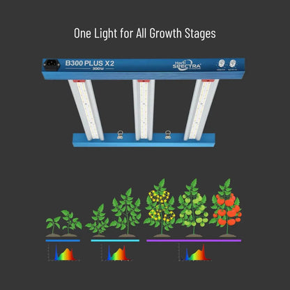 Lampe HortiSpectra B300 Plus X2 300W LED adaptée à toutes les phases de croissance des plantes, de la germination à la floraison.