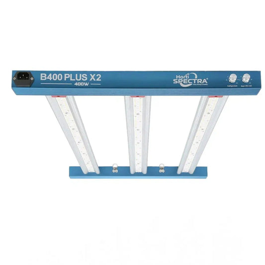 Lampe LED HortiSpectra B400 Plus X2 de 400W avec double canal UV-IR, idéale pour tente de culture 120x60 cm. Design compact et haute efficacité.