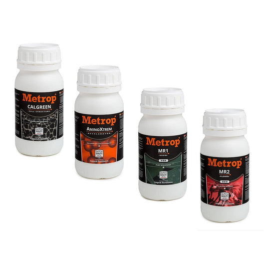 Kit d'engrais Metrop 250ml incluant Calgreen, AminoXtrem, MR1 et MR2 pour croissance et floraison des plantes indoor. Idéal pour culture hydroponique.