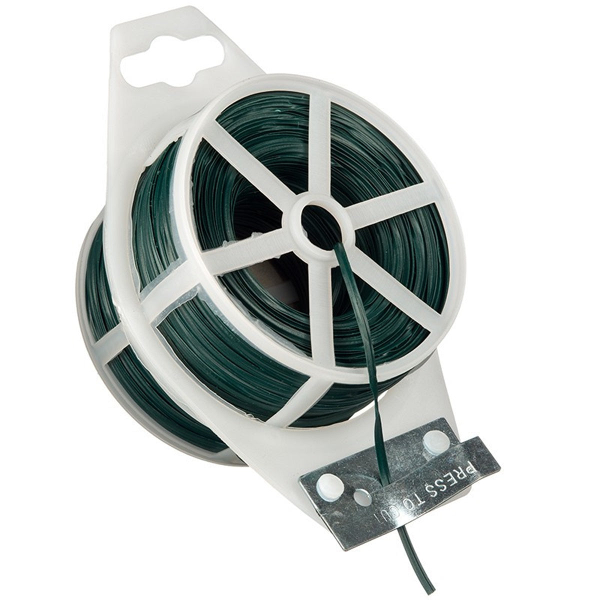 Lien plastifié armé vert de 50m avec dérouleur intégré et coupe-fil, idéal pour le palissage et la fixation des plantes au jardin.