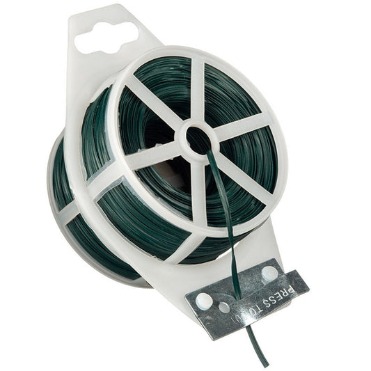 Lien plastifié armé vert de 50m avec dérouleur intégré et coupe-fil, idéal pour le palissage et la fixation des plantes au jardin.