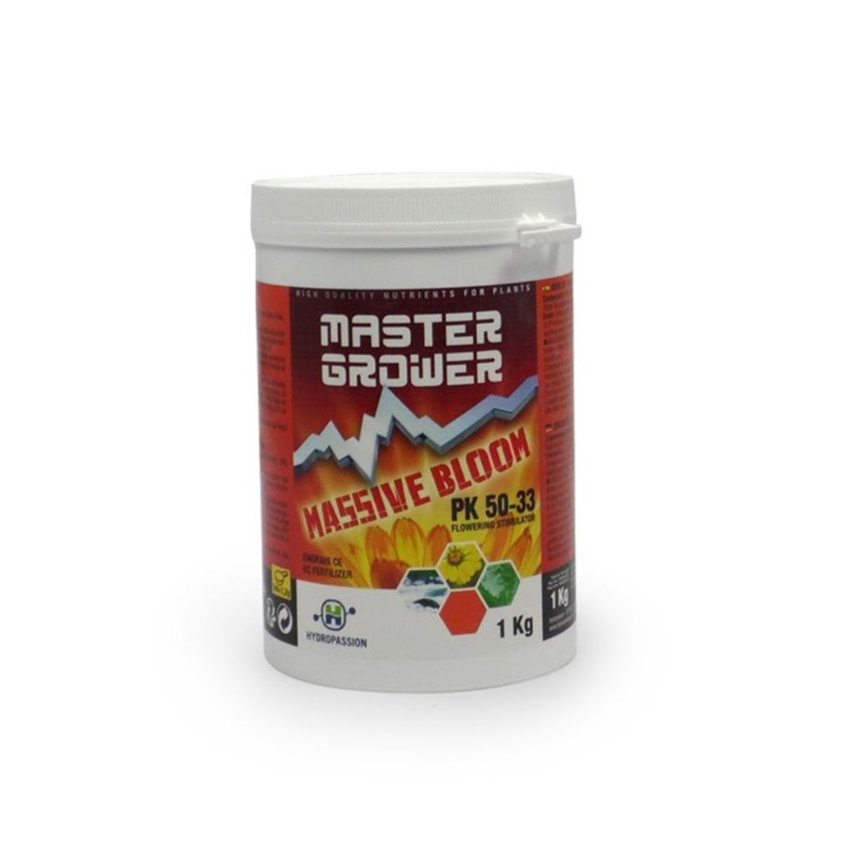 Engrais Hydropassion Massive Bloom 1kg pour floraison, enrichi en PK 50-33, idéal pour booster les fleurs en culture intérieure ou extérieure.
