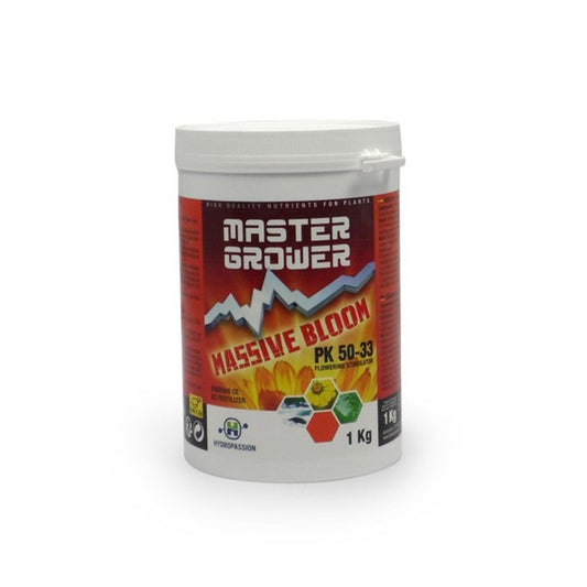 Engrais Hydropassion Massive Bloom 1kg pour floraison, enrichi en PK 50-33, idéal pour booster les fleurs en culture intérieure ou extérieure.