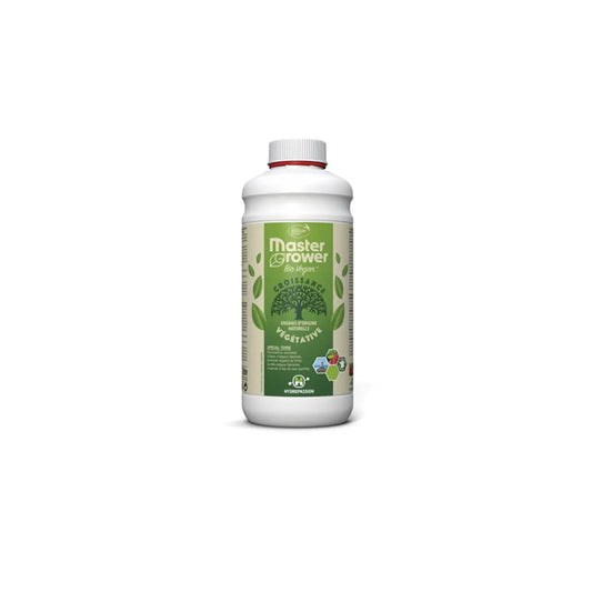 Engrais Master Grower Bio Vegan Grow – 1 litre en bouteille, idéal pour la croissance des plantes avec une formule organique et vegan certifiée.