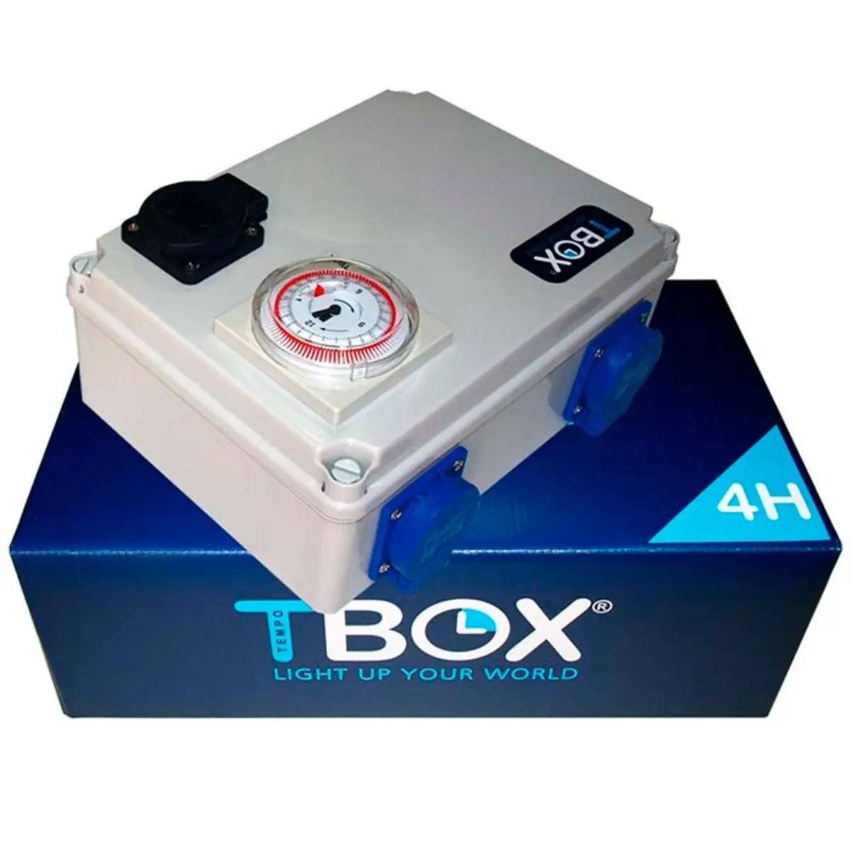 Temporisateur Tempo Box 4x600W présenté sur son emballage, avec prise chauffage et minuterie analogique pour contrôler l’éclairage horticole.