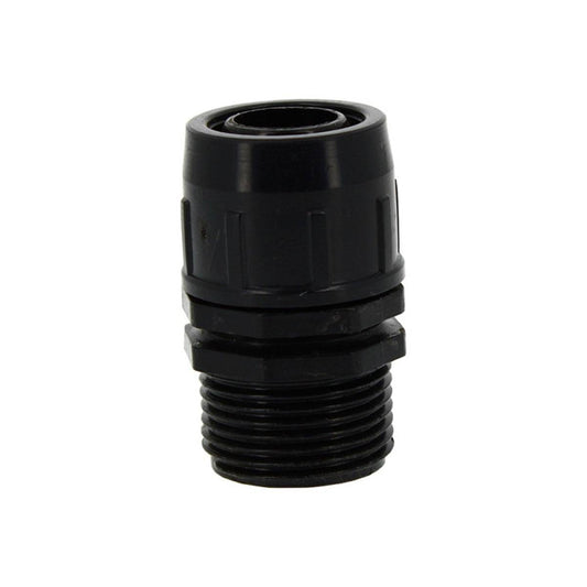 Raccord de robinet fileté 25-25 mm noir pour irrigation horticole, compatible avec tuyaux PE de 25 mm. Connecteur robuste pour système d’arrosage extérieur.