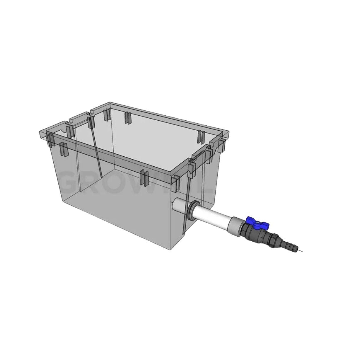 Installation du raccord push-fit 32x16mm avec vanne Growrilla sur un réservoir, idéal pour systèmes d'irrigation hydroponique domestique.