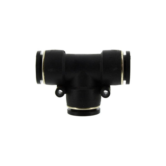 Raccord instantané en T de 16 mm pour système d'irrigation, connecteur noir à trois voies pour tuyaux PE. Idéal pour dérivations en arrosage jardin.