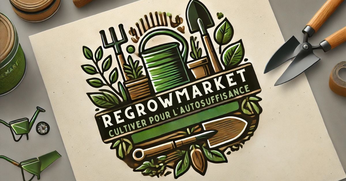 Le logo de RegrowMarket est illustré avec des outils de jardinage, un arrosoir, des feuilles vertes et le slogan « Jardiner pour l'autosuffisance »