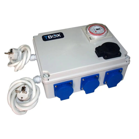 Minuterie analogique TBOX 6x600W avec prise chauffage, boîtier robuste avec 6 prises bleues pour lampes de culture indoor et câble secteur intégré.