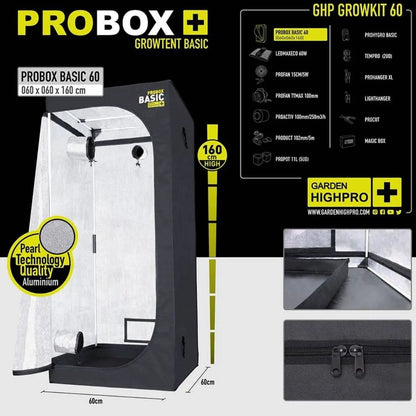 Tente de culture PROBOX BASIC 60x60x160cm du kit Garden HighPro Growkit 60, structure robuste avec revêtement réfléchissant.