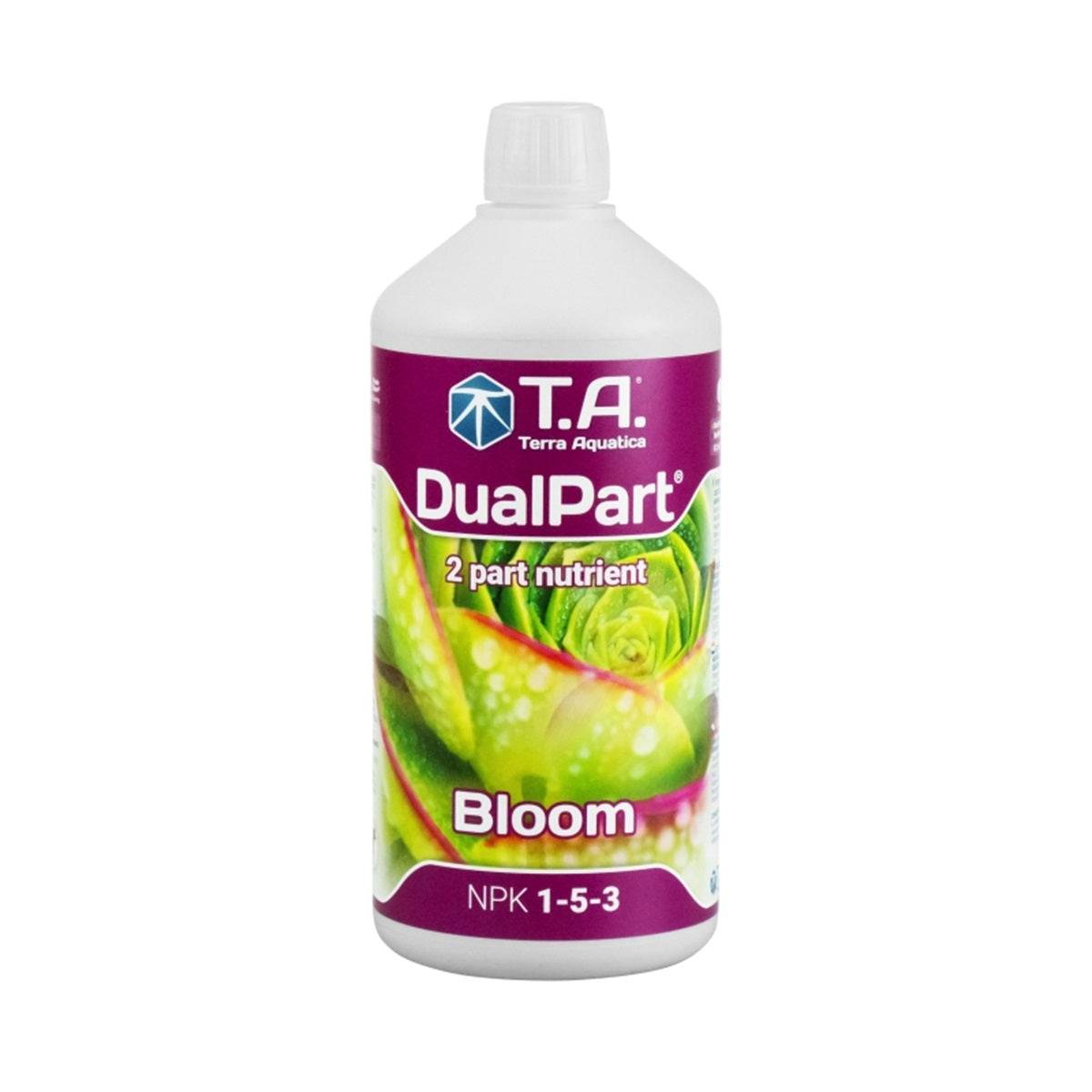 Engrais de floraison DualPart Bloom 1L de Terra Aquatica avec formule NPK 1-5-3, idéal pour culture indoor. Bouteille blanche avec étiquette violette.