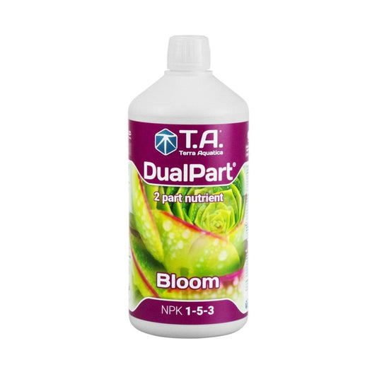 Engrais de floraison DualPart Bloom 1L de Terra Aquatica avec formule NPK 1-5-3, idéal pour culture indoor. Bouteille blanche avec étiquette violette.
