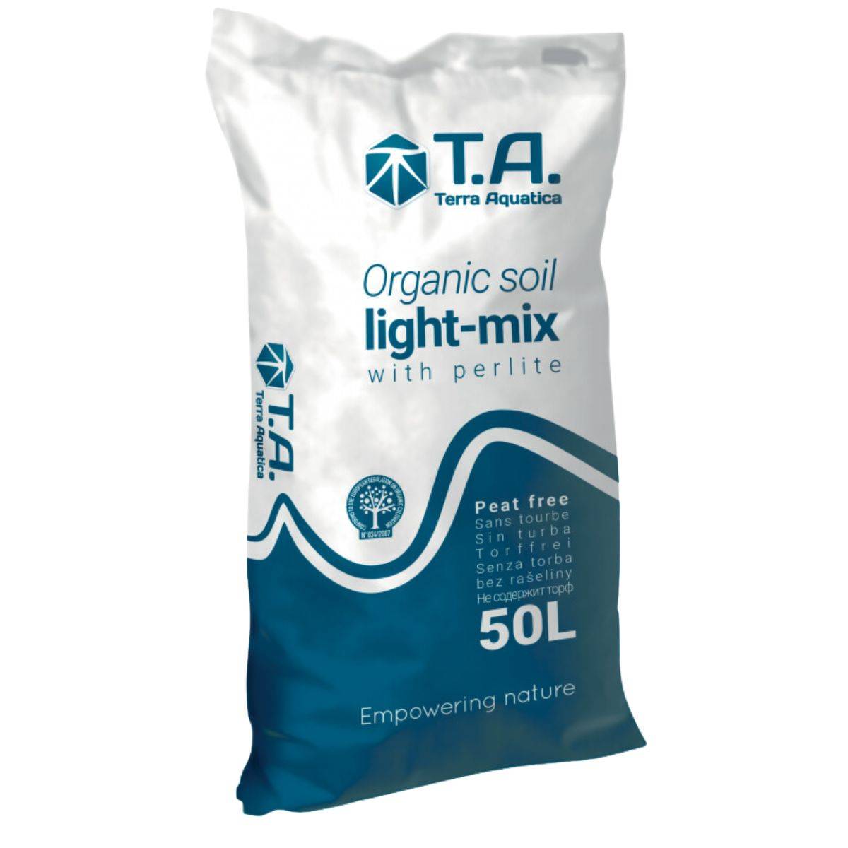 Sac de terreau T.A. Organic Soil Light-Mix de 50L, un substrat écologique sans tourbe, idéal pour les semis, boutures et cultures en pots, avec une excellente rétention d'eau et aération.